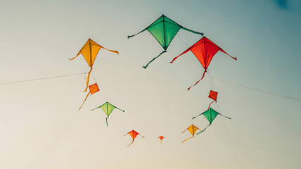 Colorful kites flying in the sky arranged in a circular pattern