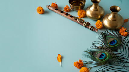 Traditional Indian flute, peacock feathers, marigold flowers, and brass vessels arranged on a light blue background