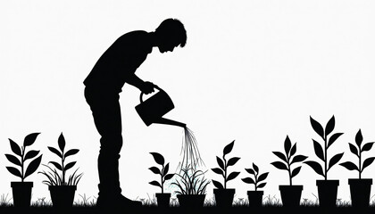 Silhouette of person watering potted plants