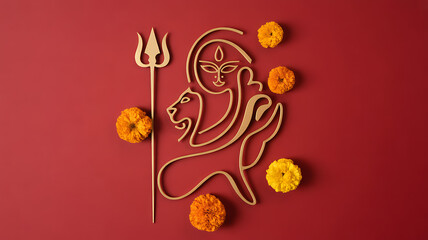 Stylized line art depiction of a lion-headed deity holding a trident, surrounded by marigold flowers on a red background