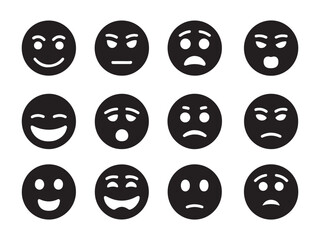 Silhouette Collection of facial expression emoticons displayed in a grid black and white vector illustration