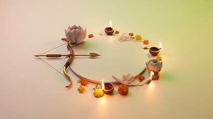 Circular arrangement of lit candles, flowers, and a bow with arrow on a soft gradient background