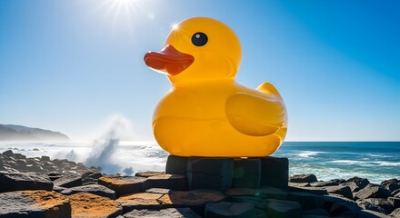 Giant yellow rubber duck sculpture perched on rocky outcrop overlooking ocean waves and sunny sky