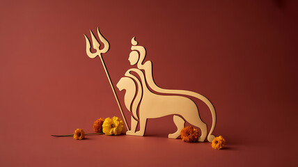 Wooden silhouette of a lion with a trident and marigold flowers on a red background