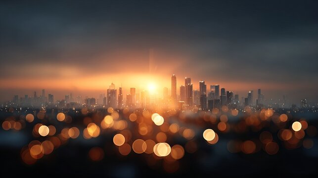 Dreamy sunset city skyline with warm glowing bokeh lights golden evening haze and soft urban silhouettes creating a tranquil atmospheric background for print web and social media