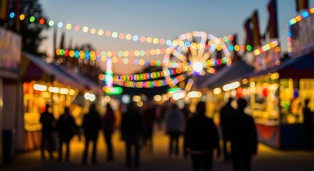 Fototapeta premium Community Carnival Blur: Out-of-focus image of festival booths, lights, and visitors