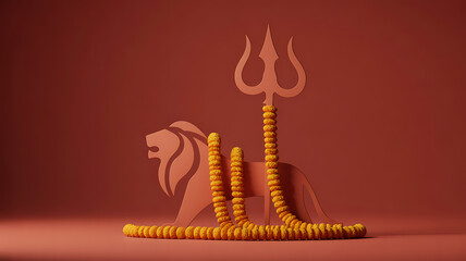 Abstract composition featuring a lion silhouette and trident with coiled yellow rope on a red background