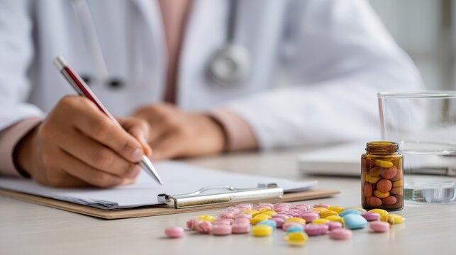 Medical professional at a table prescribing medication to a patient during a consultation in a healthcare setting