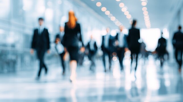 Business people in motion walking through a modern hall filled with light showcasing a busy professional atmosphere