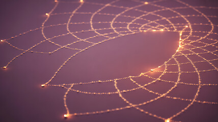 Glowing spiderweb with dewdrops illuminated against a soft purple background