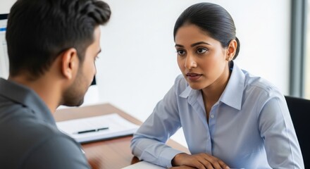 Obraz premium Professional Indian human resources officer discussing work performance with staff member