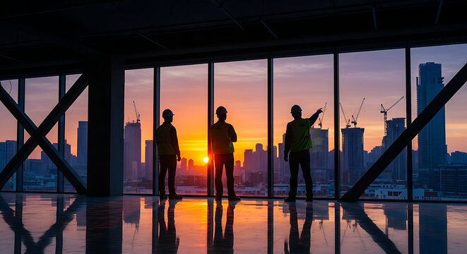 Engineers and architects looking at city skyline during vibrant sunset from high rise office building construction site under development