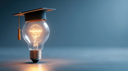 Glowing light bulb with a graduation cap symbolizes bright ideas and success in education, illustrating achievement and knowledge