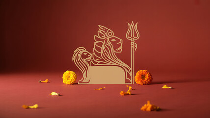 Golden silhouette of a mythical creature with a trident against a red background, surrounded by marigold flowers and petals