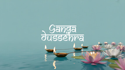 Ganga Dussehra celebration with floating oil lamps and lotus flowers on water