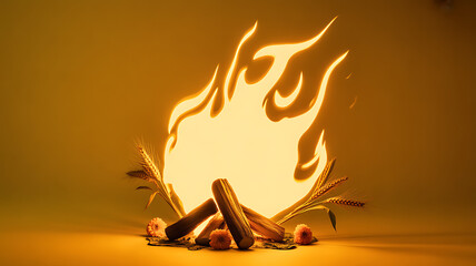 A stylized flame rises from a pile of corn cobs and wheat stalks against a warm golden background