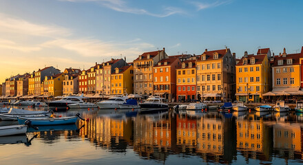 Obraz premium Historic coastal town harbor with colorful buildings and luxury yachts reflecting in calm water at golden hour sunset