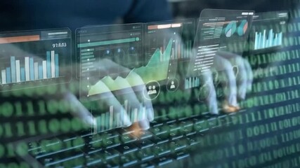 Digital business analysis with data visualizations on keyboard - Powered by Adobe