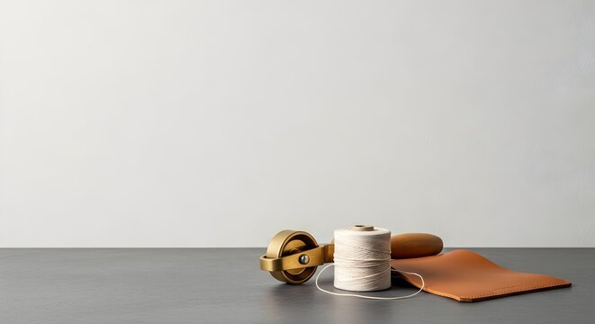 Leather crafting tools precision stitching wheel spool of thread and leather piece craftsmanship concept
