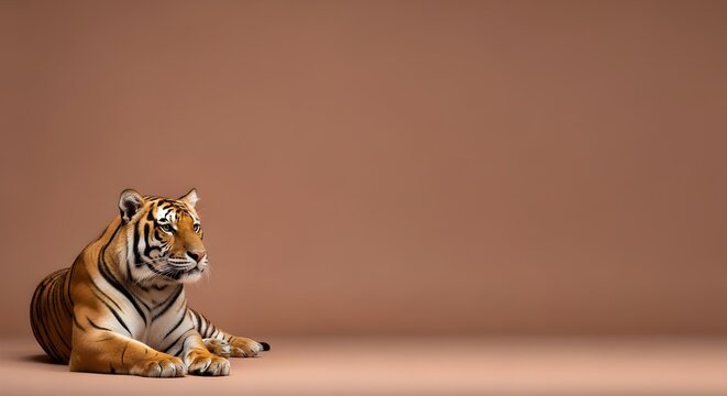 Majestic Bengal tiger resting in studio setting with elegant brown background for creative projects