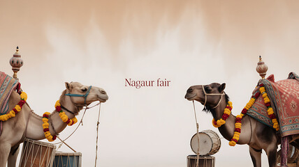 Decorated camels with musical drums at the Nagaur Fair, showcasing traditional Indian cultural celebration.