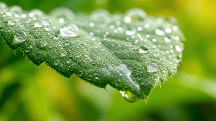 Sparkling dew drops slowly roll and drip off the textured surface of a large, lush green plant leaf tranquil, reflection, morning - Powered by Adobe