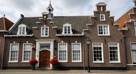 A view of a traditional dutch brick building with windows and a door with flower pots outside it