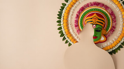 Traditional Indian floral decoration with a colorful mask of a classical dance performer