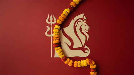 A decorative garland of marigold flowers adorns a stylized lion and trident symbol on a deep red background.