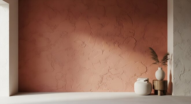 Minimalist interior design with textured terracotta wall and decorative elements casting soft shadows a warm and inviting ambiance