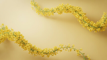 Yellow flowering plant stems arranged in a curved pattern on a soft yellow background