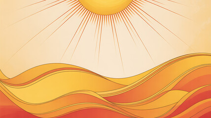 Stylized illustration of a radiant sun above flowing orange and yellow waves
