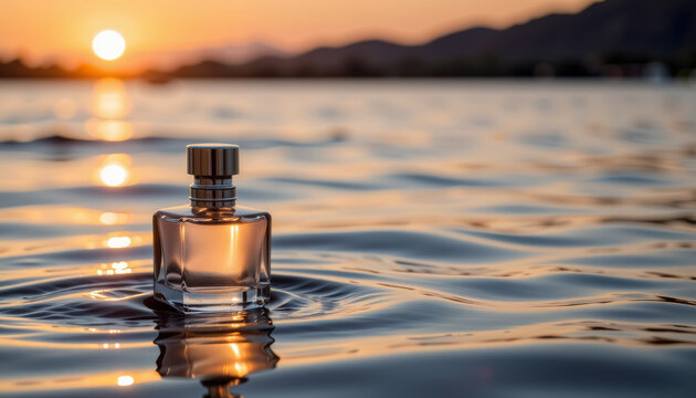 Perfume bottle water sunset lake ripples golden reflection serene glass glow with calm mood