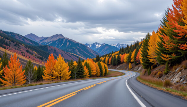 Winding road mountain autumn forest colorful trees highway pine cloudy sky scenic travel joy flows along curving route through vibrant hills - Powered by Adobe
