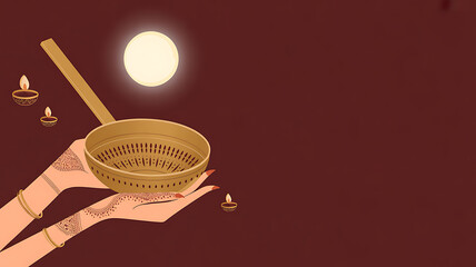 Illustration of hands holding a traditional sieve with lit oil lamps and a full moon in the background