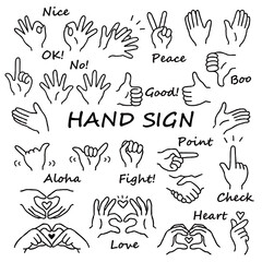 手描き　ハンドサイン　イラストセット　モノクロ