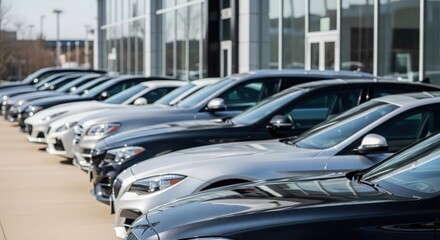 Obraz premium Shiny new automobiles lined up outside luxury dealership center