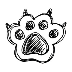 Hand drawn cute cat's paw with claws Cat, dog, animal, pet, tiger paw clipart in doodle style Single element for print, web, design, decor, greeting cards, children's prints