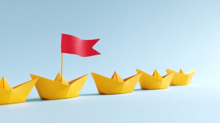 A bright red flag guides a line of yellow paper boats sailing across a smooth light blue surface