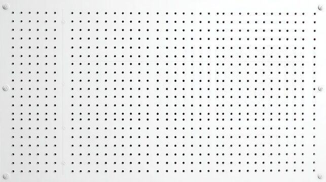 A bright white perforated pegboard wall features perfectly aligned small black holes and corner fasteners