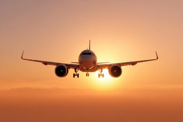 A large commercial airplane flies directly towards the camera against a vibrant orange and pink sunset sky