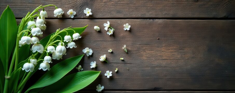 Fototapeta Scattered lily of the valley creating a floral motif on aged timber , scent, spring