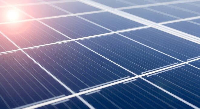 Close up of a solar panel surface with sunlight reflecting and creating a lens flare effect