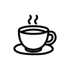 Hot coffee cup line icon, outline illustration of steaming beverage in a cup with saucer, symbolizing cafe drink, espresso, cappuccino, or morning refreshment
