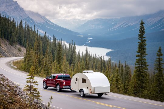 A red pickup truck tows a small white camper along a scenic mountain road beside a lake