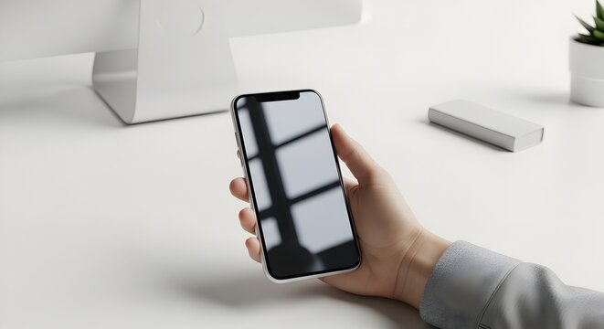 Modern Smartphone in Hand with Clean White Desk Setup for Technology Background