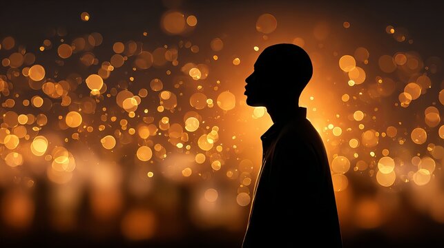 Serene human silhouette with glowing bokeh lights reflecting quiet mindfulness and calm introspection, ideal for meditation, wellness, self care posters, and tranquil lifestyle visuals - Powered by Adobe