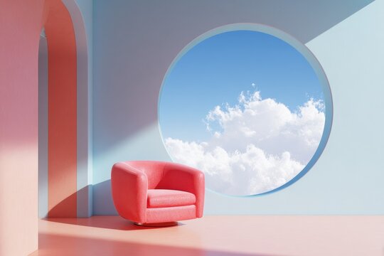 A smooth coral armchair in a minimalist room with blue walls and a circular window view