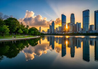 Modern city skyline panorama at golden hour, vibrant sunset reflection on tranquil lake surface with urban park and walking people.