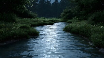 Fototapeta premium A tranquil river winds through a lush green forest under soft dim evening light